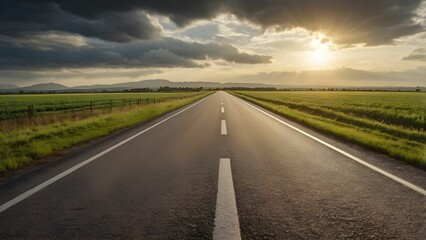 Naklejka premium Empty Countryside Road under Dramatic Sky at Golden Hour – Scenic Rural Landscape