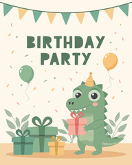 Birthday party invitation card with cute crocodile and gift box. Birthday greeting card. Illustration for postcard, invitation, poster, print.