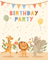 Birthday party invitation card with adorable animals and gifts. Birthday greeting card. Illustration for postcard, invitation, poster, print.