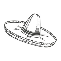 Hand drawn monochrome mexican sombrero hat with ethnic patterns. National symbol. Sketch illustration.