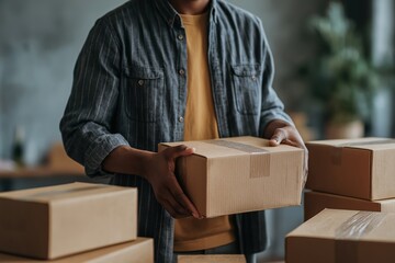 Young african male holding cardboard box in delivery or moving scenario