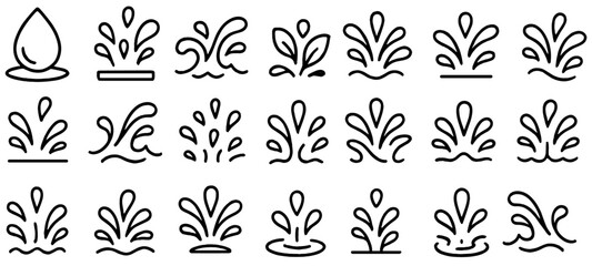 Water splash icon, simple flat style, clean liquid drop vector illustration, modern symbol for nature, aqua, wave, purity, minimal design, hydration, abstract element, wet effect.