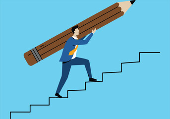 Business professional climbing stairs with a giant pencil, symbolizing career growth, education, writing success, learning, and overcoming challenges to achieve goals, hard work pays off