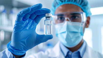 Scientist Examining Vaccine: A scientist wearing protective gear carefully examines a vial containing a potential vaccine, reflecting on scientific advancements.