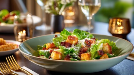 Fresh caesar salad with croutons and bacon on elegant dining table setting