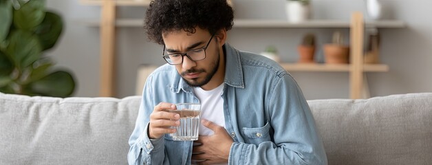 Man in living room shows symptoms of chest pain while holding a water glass and managing cold symptoms, visibly in distress.