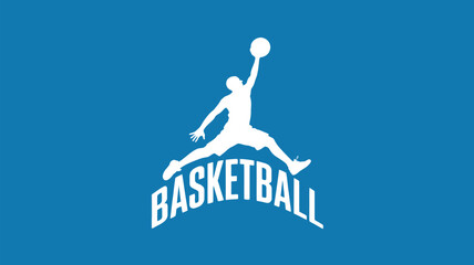 A white silhouette of a basketball player jumping with ball on a blue background with word basketball