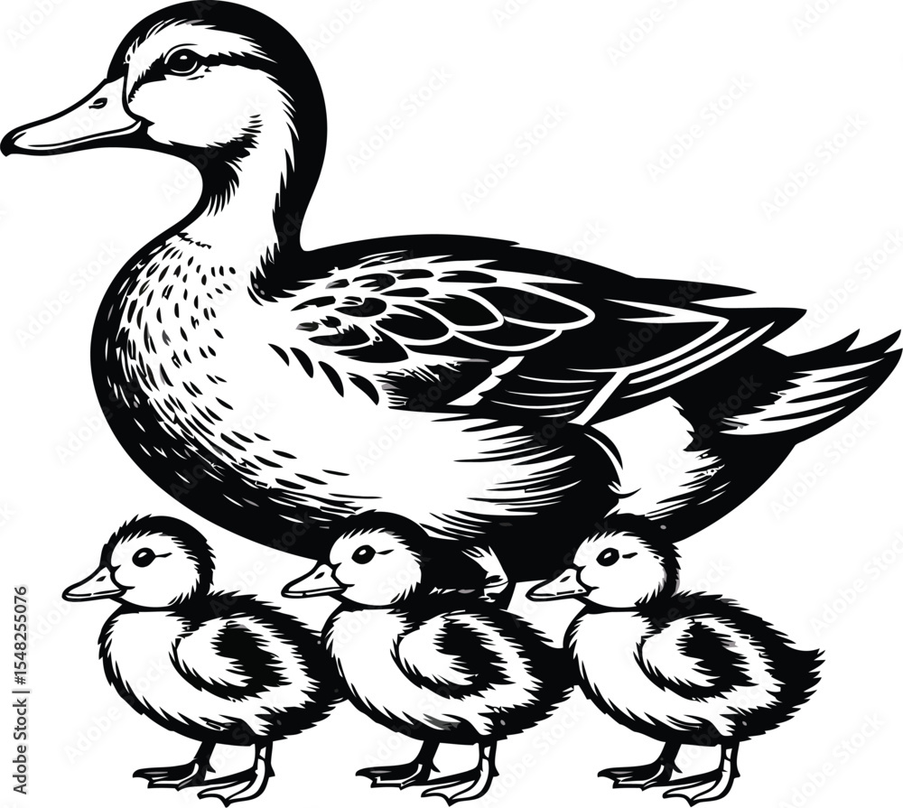 Aufkleber a black and white illustration of a duck followed by three ducklings in a simple line drawing style