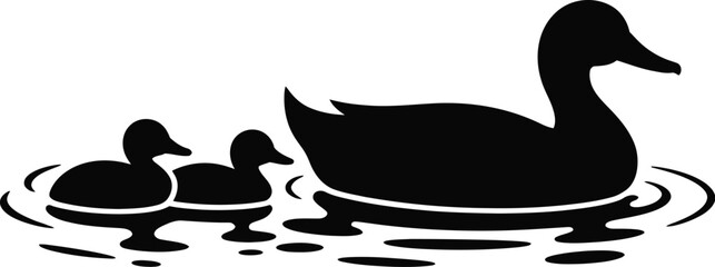 A black and white silhouette of a mother duck swimming with two ducklings in a body of water design