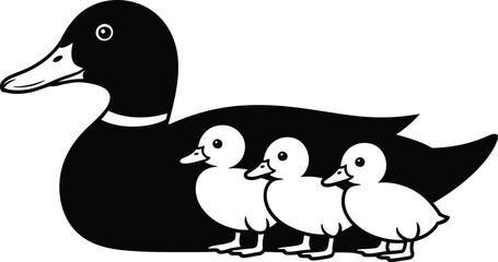 A black and white illustration of a duck with three ducklings following behind in a row on white background