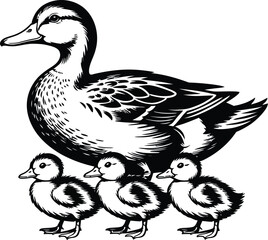 A black and white illustration of a duck followed by three ducklings in a simple line drawing style