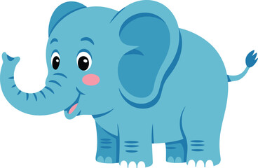 A cartoon illustration of a light blue elephant with a pink cheek standing on a white background