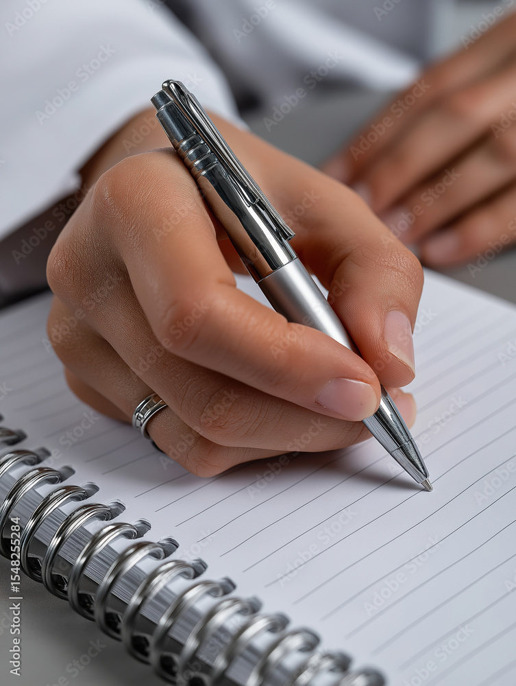 Poster writing notes with a silver pen in a notepad by a healthcare professional in an office
