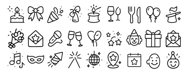 Event planning, party, and celebration outline icons set editable stroke isolated on white background. Vector illustration, birthday party, holiday, event icon, celebration icons, png.