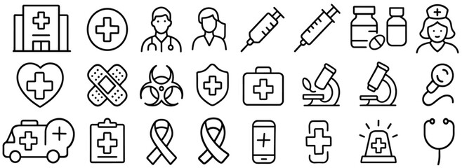 Medical and hospital icons set, editable stroke outline style, healthcare equipment, emergency, clinic tools, surgery symbols, isolated vector illustration, flat icon, health care.