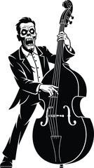 A black and white illustration of a zombie playing a large stringed instrument in a suit and tie outfit