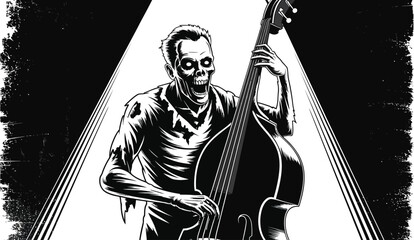 A black and white illustration of a zombie playing a double bass on a stage with stark lighting