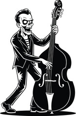 A monochrome illustration of a zombie playing a double bass in a suit against white background
