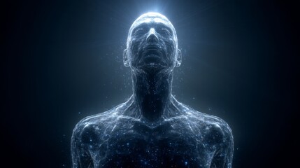 Abstract digital human figure illuminated with cosmic light