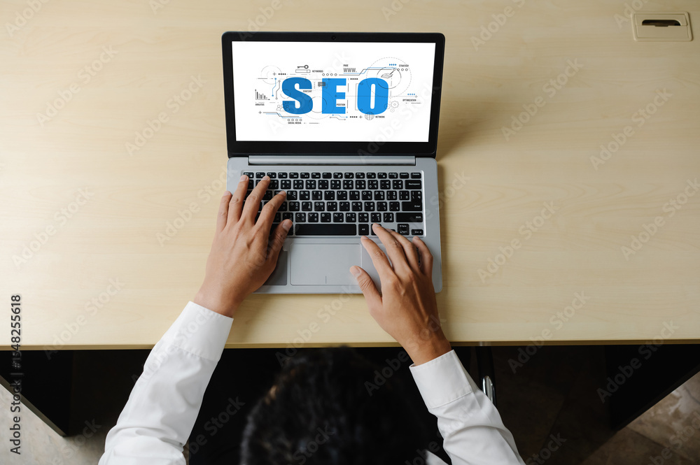 Aufkleber seo search engine optimization for modish e-commerce and online retail business showing on computer 
