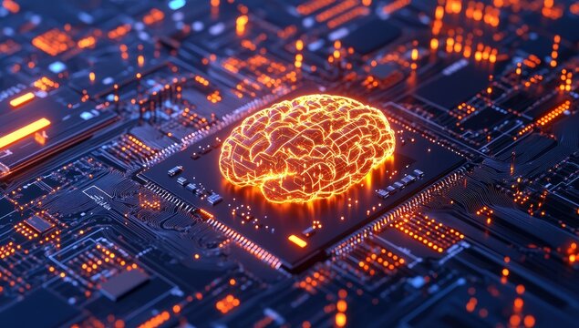 A glowing brain superimposed on a circuit board