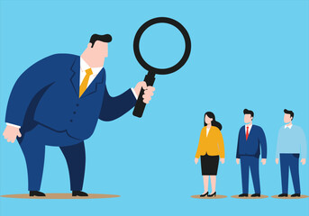 Manager looking for talented employees and job candidates through a magnifying glass, employer searching for best worker, recruitment and hiring process, human resources, business selection