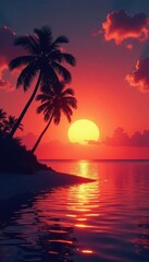 Silhouetted palm trees against a blazing sunset over tranquil water , beach, rays, pink