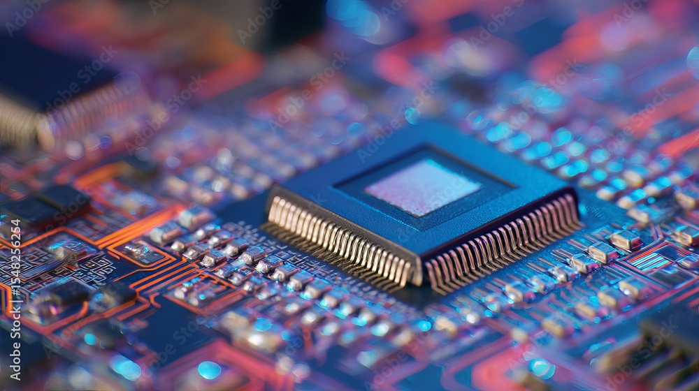 Poster high tech circuit board microchip technology close up detailed image modern digital electronic hardw