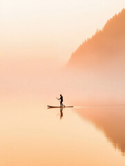 Lone paddle boarder on calm lake at sunrise. Minimalist sport scene with pastel tones and vast copy space