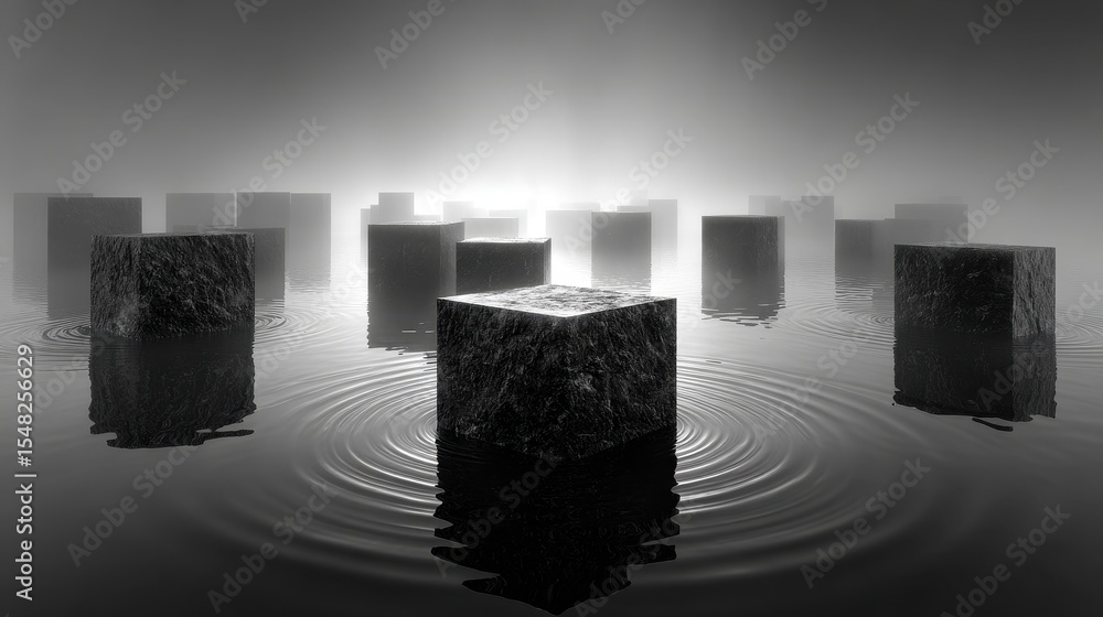 Poster geometric constructions with circular openings stand in calm water at dusk reflecting into the fog