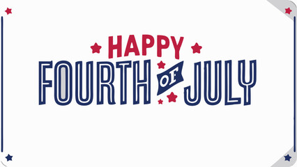 Happy fourth of july text with red stars and blue outline on a white background with rounded corners