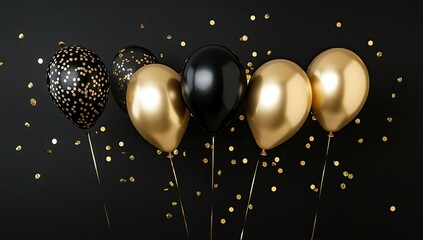 Black and gold balloons with confetti on a black background