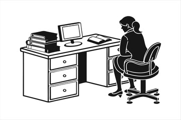 Office Desk with Drawers and Chair Silhouette - Workspace Silhouette Vector