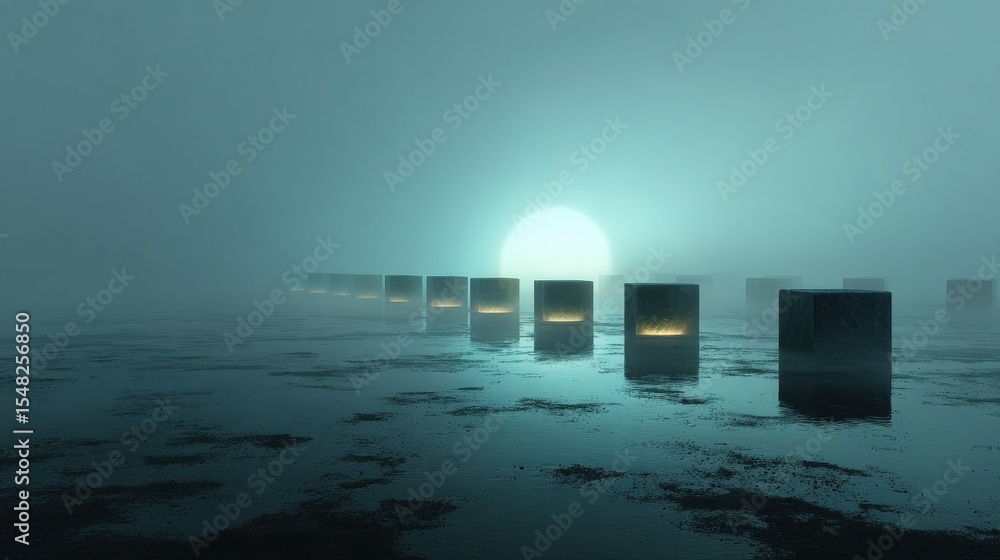 Poster geometric constructions with circular openings stand in calm water at dusk reflecting into the fog