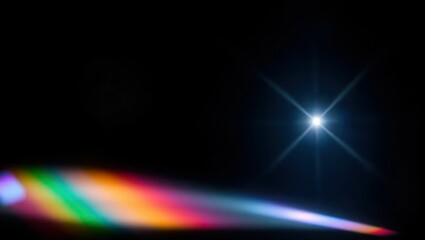 Blurred rainbow refraction overlay effect. Light lens prism effect on black background. Holographic reflection, crystal flare leak shadow overlay. Colorful rainbow disco ball light