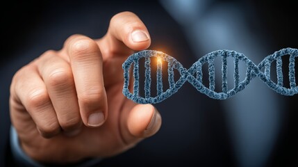 Male adult hand holding dna strand with glowing section highlight