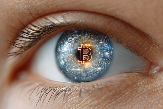 A digital eye with the Bitcoin symbol reflecting in its iris, representing cryptocurrency's role in the digital future
