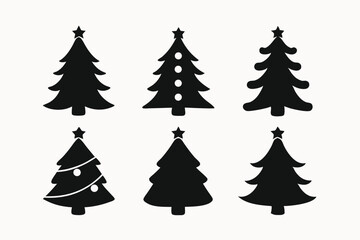 Collection of Six Simple Christmas Tree Icons Black Silhouettes, Star Topped