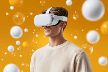 A man wearing a virtual reality headset with a vibrant background. Experience the cutting-edge technology of the future through immersive visuals and interactive environments.