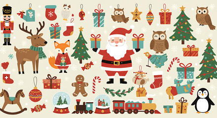 Festive Holiday Cheer An Adorable Assortment of Christmas Illustrations with Santa Reindeer Owls and Other Holiday Accoutrements