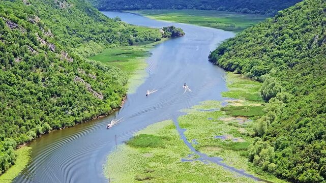 Tourist boats are sailing on the rijeka crnojevica river near skadar lake in montenegro, surrounded by lush greenery