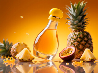 Glass bottle of tropical fragrance surrounded by fresh pineapple and passion fruit, with vibrant yellow background creating a refreshing and exotic atmosphere