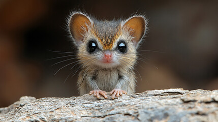 Tiny mouse peeking over wood, blurred background, wildlife image