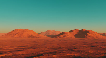 Naklejka premium Martian Landscape with Red Plains and Distant Mountains An Alien World Exploration with a Serene Blue Sky
