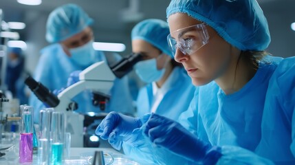 Laboratory research in a modern facility with scientists conducting experiments in the evening