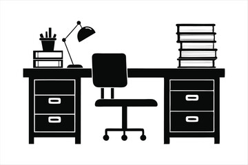 Office Desk with Drawers and Chair Silhouette - Workspace Silhouette Vector