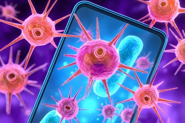Digital security concept: phone vulnerable to virus and bacteria threats