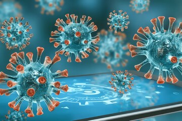 Digital interface with floating virus particles representing pandemic technology