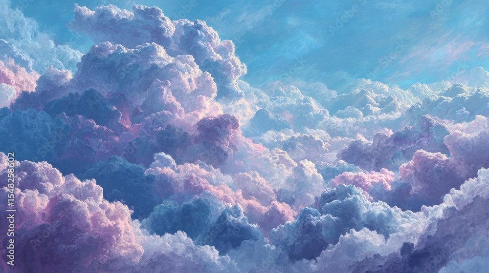 Poster pastel dreamy cumulus clouds float in a bright blue sky, painted with textured impressionistic brush