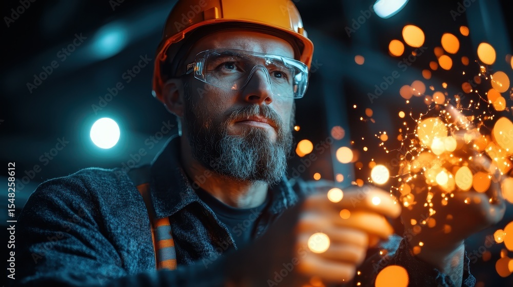 Poster a focused craftsman in a workshop, skillfully controlling tools and creating sparks, embodying craft